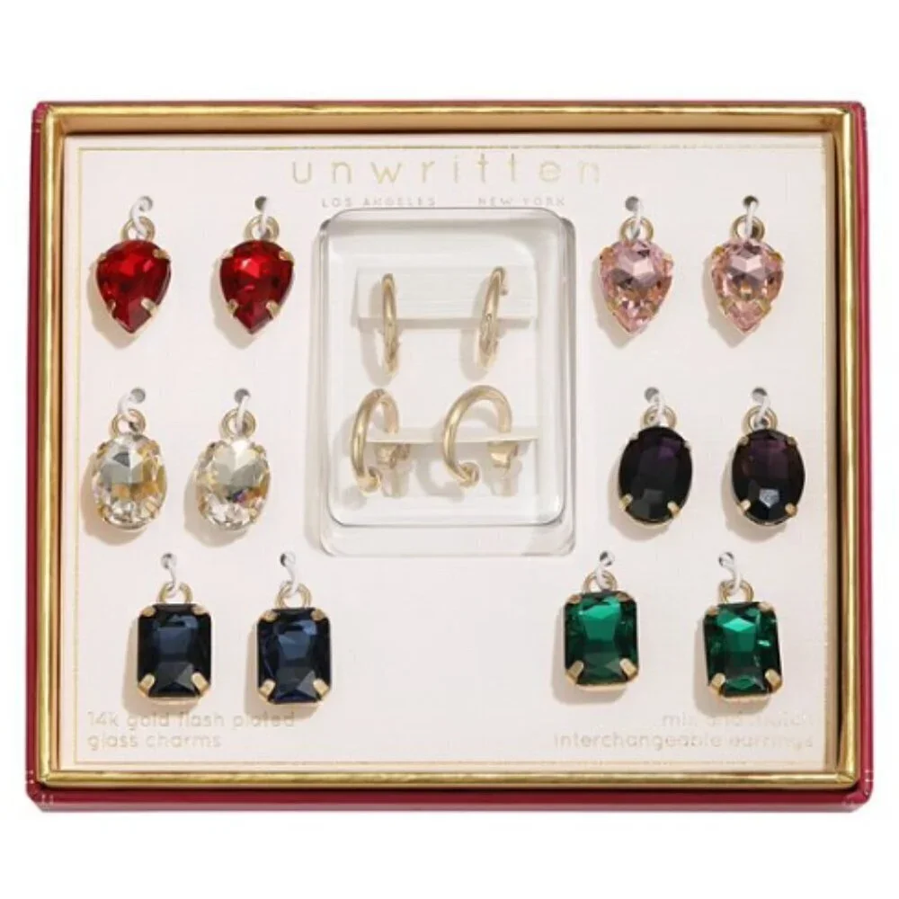 Unwritten Earrings Multi-Color Glass Mix and Match Hoop Interchangeable Set NIB